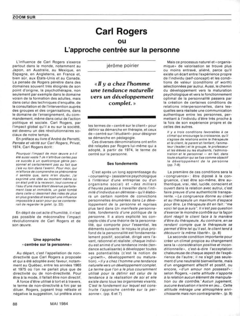 Zoom sur Carl Rogers ou L’approche centrée sur la personne - Mai 1984